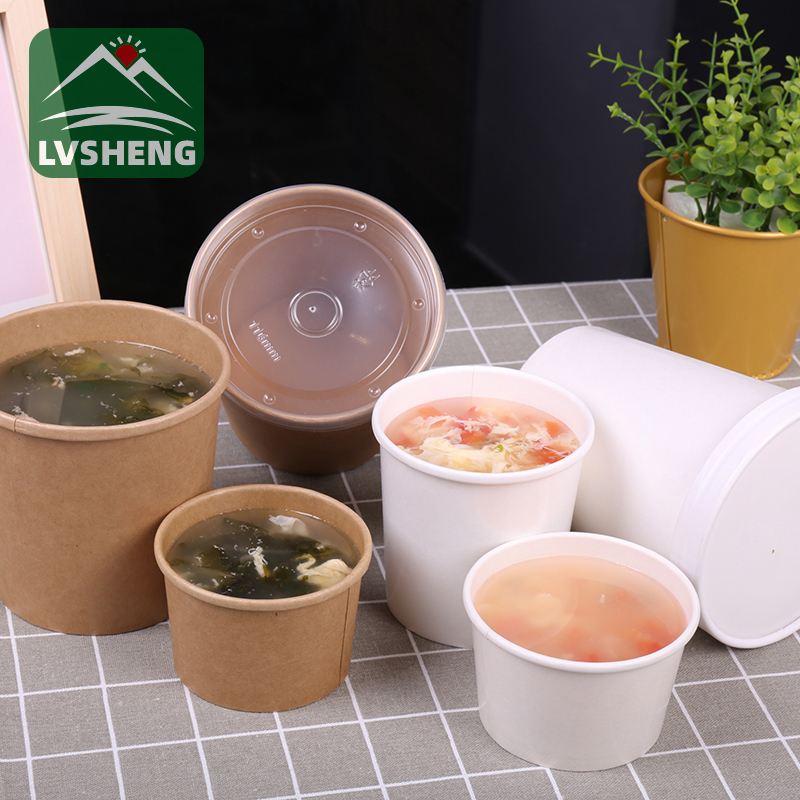 O envase de papel Lvsheng lanza un recipiente de sopa de papel Kraft 100% compostable con tapa